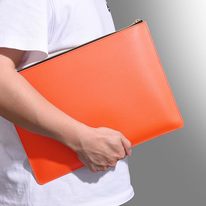 PU Leather A4 File Folder Zipper Document Holder Envelope Folder Case for Receipt Contract (1, Orange)