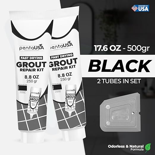 PentaUSA Premixed Tile Grout Repair Kit 2 Pack - Black Acrylic Sanded Grout Filler for Bathroom, Shower, Kitchen Tile Water-Resistant Tubes with Applicator, Fast Drying, Total (2 x 250g / 17.6oz)