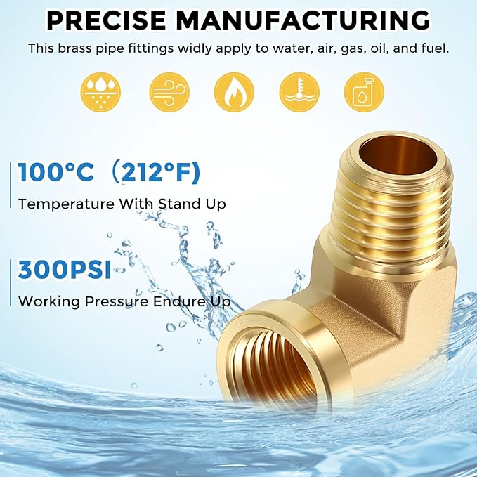 Pack of 2, 90 Degree 1/8" NPT FeMale to 1/8" NPT Male Solid Brass Barstock Street Elbow, Forged Pipe Fitting for Pipe Leak Repair, Bathroom Remodeling, Tool Extensions, Compression