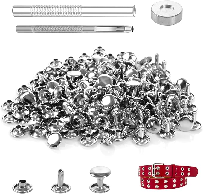 100 Sets Leather Rivets 9x10mm Double Cap Rivets Snaps Metal Studs Fasteners with 3pcs Setting Tools for Leather Craft DIY Repair Decoration, Silver Tone