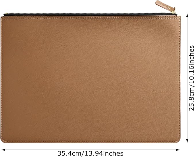 PU Leather A4 File Folder Zipper Document Holder Envelope Folder Case for Receipt Contract (Khaki)