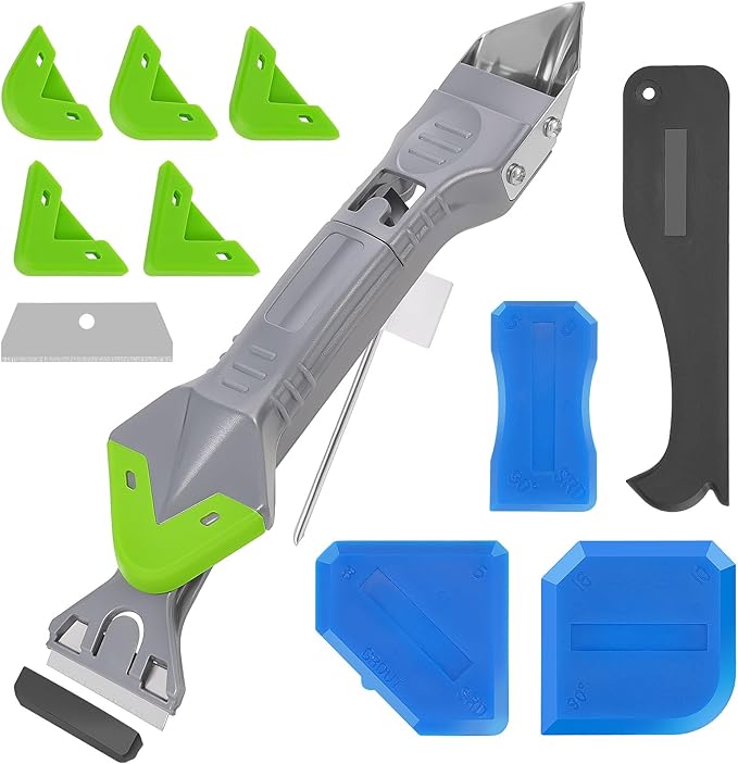 11pc Caulk Remover Tool,5 in 1 Silicone Caulking Tools,Grout Removal Stainless Steel Caulk Tool Kit with 5 Exchange Silicone Head, 4pc Glass Glue Angle Scraper,2pc blade for Kitchen,Bathroom