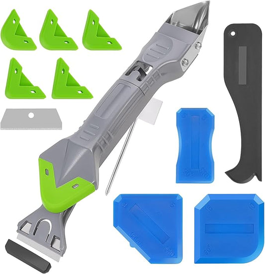 11pc Caulk Remover Tool,5 in 1 Silicone Caulking Tools,Grout Removal Stainless Steel Caulk Tool Kit with 5 Exchange Silicone Head, 4pc Glass Glue Angle Scraper,2pc blade for Kitchen,Bathroom