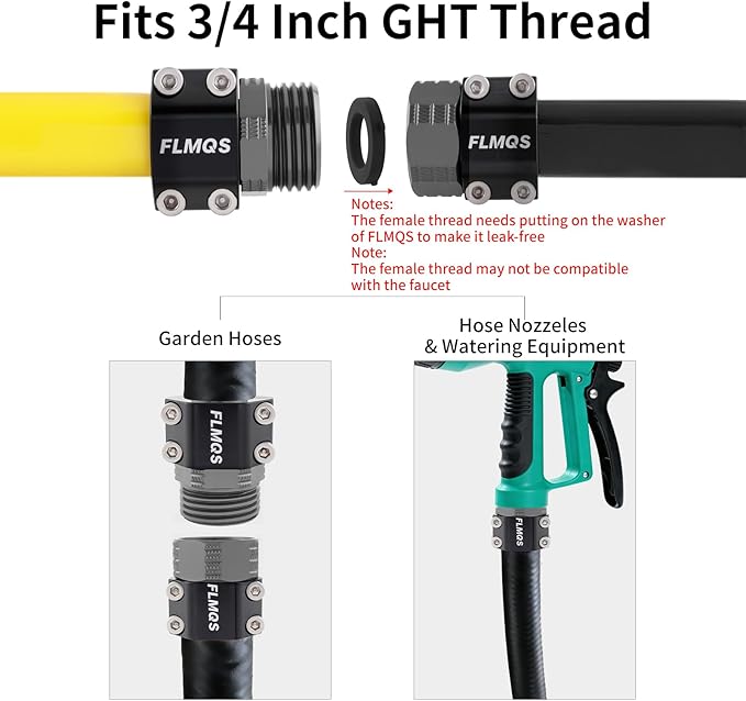 Garden Hose Repair Connector Kit with Clamps, Fits 3/4"Garden Hoses, Leak-Proof Male and Female Hose Adapter, 2 Sets Black
