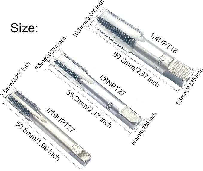 1/16",2PCS 1/8",2PCS 1/4" NPT Pipe Tap Set,5Pcs Carbon Steel Pipe Taps Cutting Tools Great for Various Mechanics DIY Thread Cutting and Cleaning
