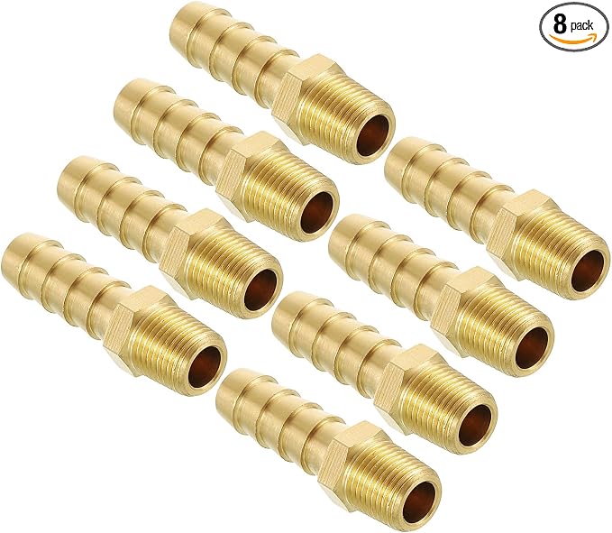 Pack of 8 Brass Hose Barb Fittings Adapter Connector 3/8" Hose Barb to 1/8" NPT Male Fittings for Home Machines, Massage Bathtubs, and Irrigation Systems