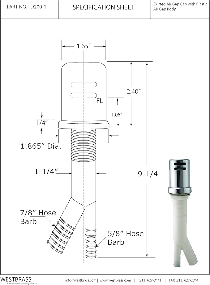 Westbrass R200-1-05 1-3/4" x 2-3/4" Solid Brass Air Gap Cap Kit, Skirted, Polished Nickel