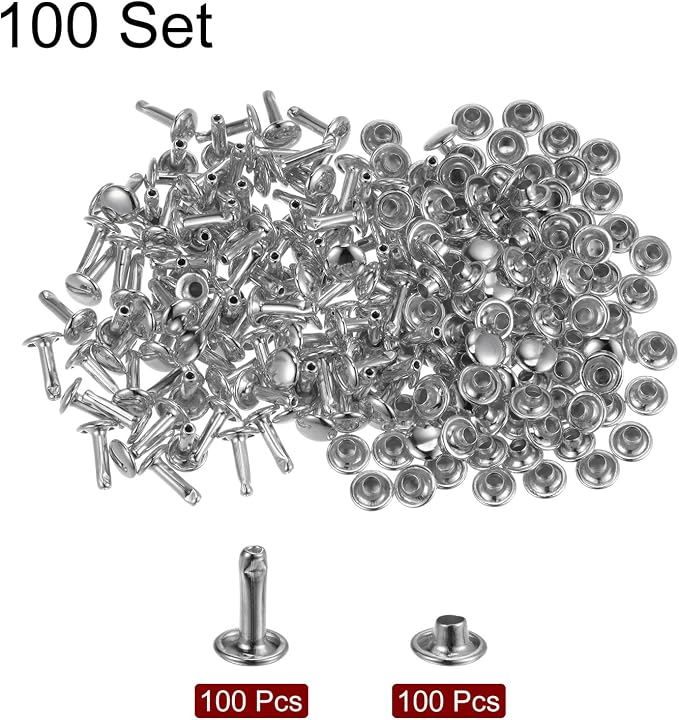 HARFINGTON 100 Sets Leather Rivets 10 x 7mm Metal Double Cap Rivet Snaps Studs Fasteners with 3pcs Setting Tools Rivets for Leather Craft DIY Repair Decoration, Silver Tone