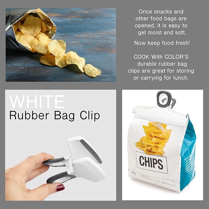 COOK WITH COLOR Bag Clips - Wide Heavy Duty, Large for Food Storage with Air Tight Seal Grip, Pack of 8, White