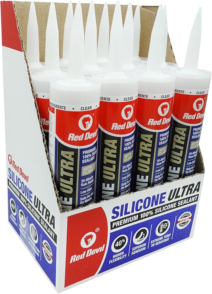 Red Devil 0787 Silicone Ultra 100% RTV Silicone Sealant, 10.1 oz., Clear, 12 Pack