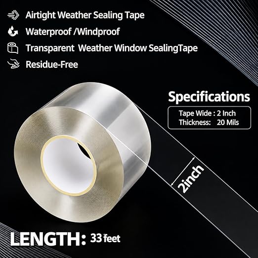Transparent Window Seal Tape 33FT, Clear Caulk Tape Self Adhesive Waterproof, No-Residue Weather Stripping Kitchen and Wall Sealing Tape, Bathroom Sealant Strip for Toilet, Bath Tub, Sink, Shower
