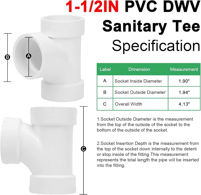 4Pack 1-1/2IN PVC DWV Sanitary Tee 3-Way PVC Pipe Fittings Adapter Furniture Build Grade SCH40 PVC Elbow Fittings Connector for Drain, Waste, Vent
