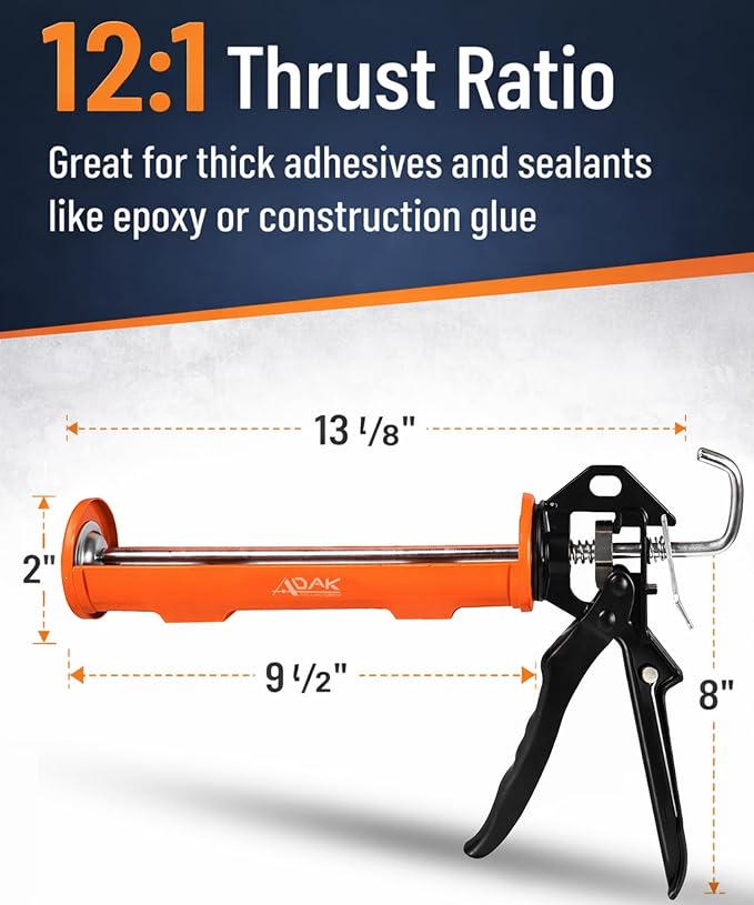 ADAK - Professional Caulking Gun, 12:1 Thrust Ratio, Caulking Gun No Drip, Hand Tool for Silicone & Sealant Application, Smooth Pressure Caulk Gun, Caulking Gun Tool