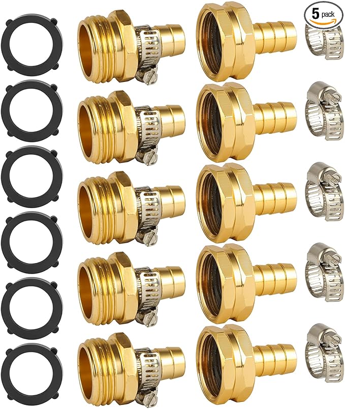 5 Set Garden Hose Repair Connector Kit with Clamps, Fit for 1/2" Garden Hose Fitting,1/2" Barb x 3/4" GHT Garden Hose Adapter/Fittings, Water Hose Repair Kit