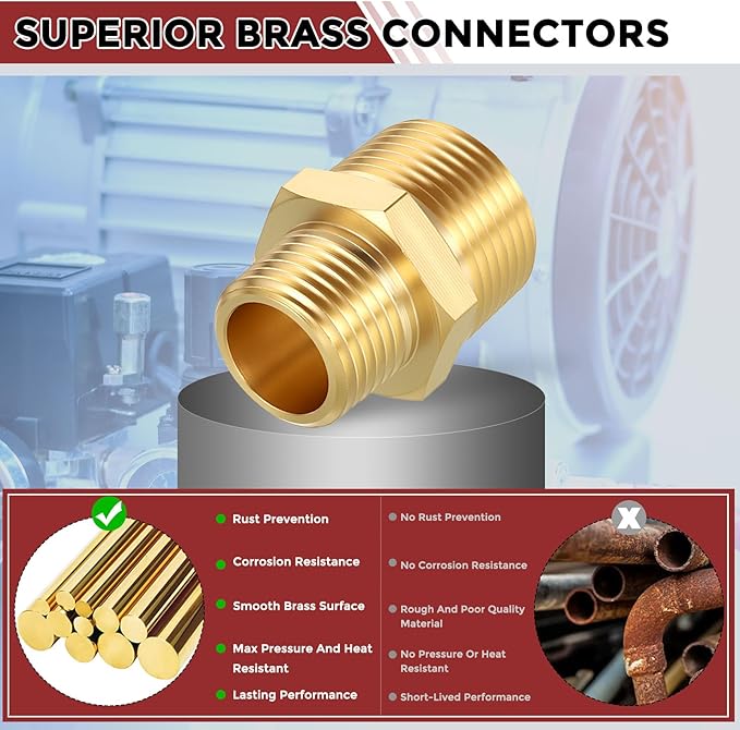 Pack of 2, 3/4" NPT Male to 1/2" NPT Male Solid Brass Hex Nipple Hose Connectors, Male Pipe Adapter for Pipe Leak Repair, Bathroom Remodeling, Tool Extensions, Compression