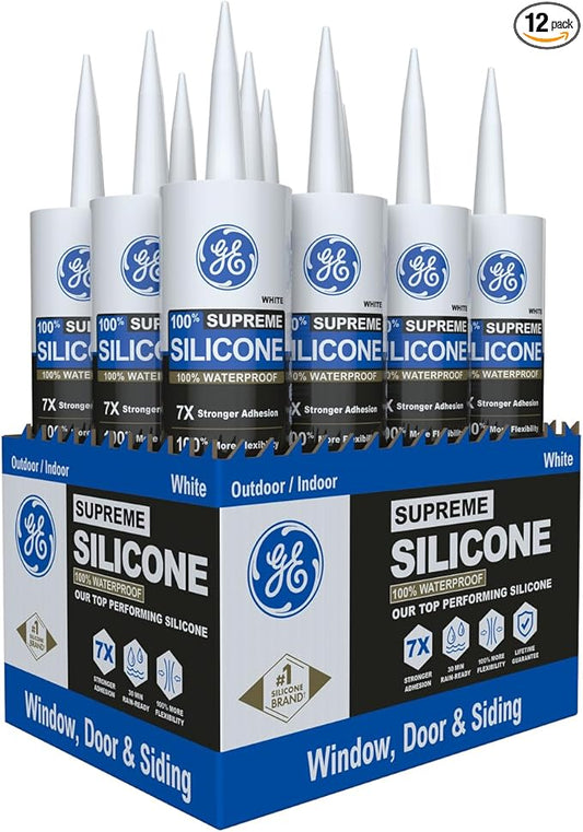 GE Supreme Silicone Caulk for Window & Door, White, 10 fl oz Cartridge, 12 Pack - 100% Waterproof Silicone Sealant, 7X Stronger Adhesion, Shrink & Crack Proof