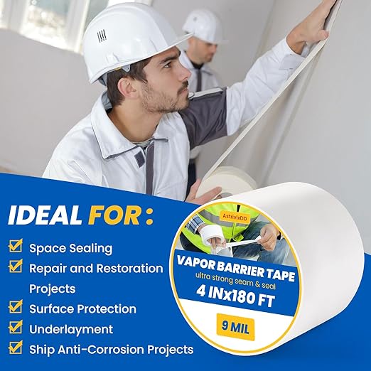 12 Rolls Vapor Barrier Tape, White Moisture Barrier Tape for Crawl Spaces, Polyethylene Tape for Underlayment, Waterproof Seam Tape for Insulation, Plastic Liners (4" x 180 ft Each Roll)