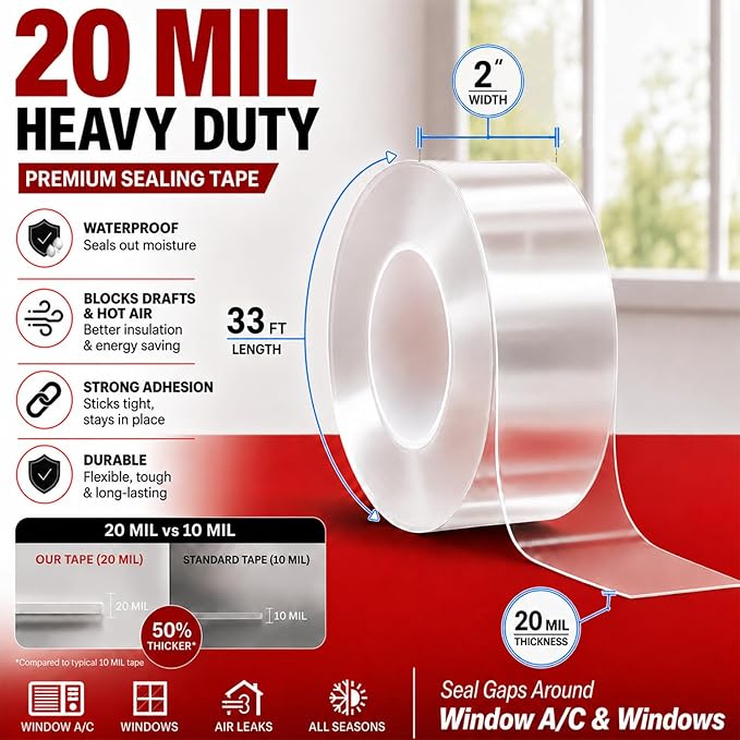 Litaibai Heavy Duty Transparent Window Sealing Tape, 2" x 33ft 20 Mil Air Conditioner Window Seal, No Residue Summer Insulation, Blocks Pollen & Dust, Prevents Cold Air Leakage, Door & Window Seal Kit