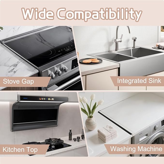 Stainless Steel Stove Gap Covers, 2 Pack Extendable Stove Gap Filler 13.8"-27.5", 0.79" Wide, Deep-Lock Heart Clips, Heat Resistant Range Trim Kit for Kitchen Counter Gaps, Black