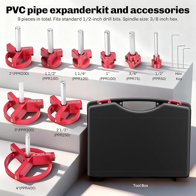 PVC Pipe Reamer, 9Pcs Pipe Reamer for SCH40, Includes 1/2 inch, 3/4 inch, 1 inch, 1-1/4inch, 1-1/2inch, 2inch, 2-1/2inch, 3inch, 4inch Head Aluminum with 2 Blades PVC Fitting Saver