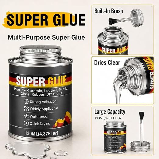 Multi-Purpose Super Glue, 4.37 oz Clear High Strength Adhesive with Brush | Clear high-strength bond, brush applicator, repairs rubber, PVC, acrylic, wood, ceramic, leather, plastic