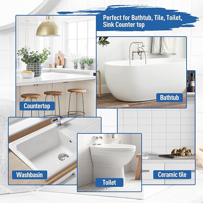 Tub and Tile Paint, Gloss White Tile Paint Refinishing Kit for Bathtub, Sink, Toilet, Bathroom Wall, Floor, Porcelain Acrylic Enamel, Water Based Low Odor, Easy to Use, 21oz, 30-35 sq.ft. Quick-Dry