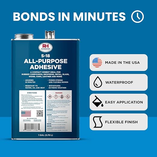 S-18 All-Purpose Adhesive, 1 Gallon - Multi-Purpose, Rubber, Metal, Leather, Felt, Wood, Neoprene, Glass, Flexible, Waterproof, Long Lasting - RH Adhesives