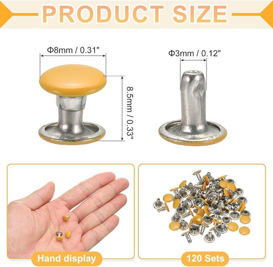 uxcell 120Set Leather Rivets, 8mm Double Cap Rivet Tubular Metal Studs Repairs Decoration Craft Accessories for Repair Decorate Leather Craft Belt Bag Shoes Purse Belts, Yellow
