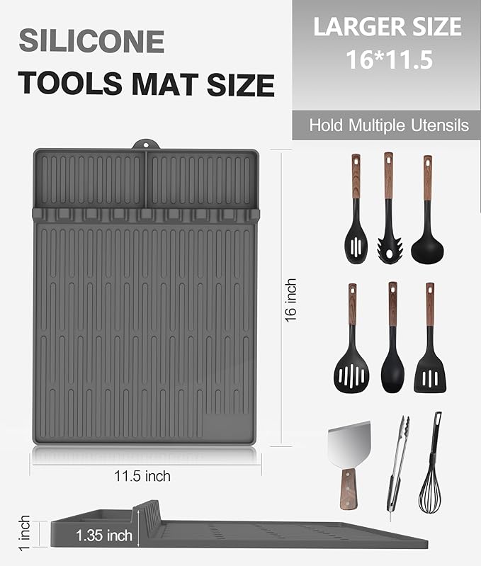 Silicone Grill Mat Compatible with Blackstone, BBQ Griddle Tools Mat with Drip Pad, Large Spatula Holder for Outdoor Kitchen Counter, Gifts for Men (Gray)