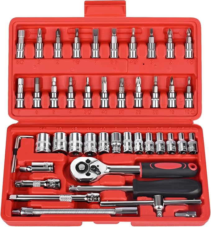 46PCS Socket Ratchet Wrench Set, 1/4 Inch Drive Small Tool Set with Screwdriver Bit Sockets Extension Bar and Storage Case, Metric Socket Set for Car Repair and Home Use