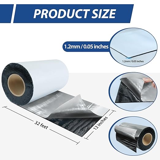 BXI Fluorocarbon Film Asphalt Waterproof Tape, 12 Inches X 32 Feet, Weatherproof Sealing Membrane, Self-Adhesive SBS Modified Bitumen Flashing Sealant Patch, Seam Leak for Roof Window Driveway Repair