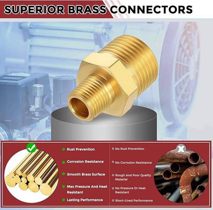 Pack of 5, 3/8" Male NPT to 1/8" Male NPT Solid Brass Hex Nipple Hose Connectors, Male Pipe Adapter for Pipe Leak Repair, Bathroom Remodeling, Tool Extensions, Compression