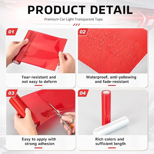 Patelai 2 Rolls 9.84 ft X 5.9 Inches Self Adhesive Repair Light Tape Auto Tail Light Fog Lights Headlight Lens Tint Tape (Red, Clear)