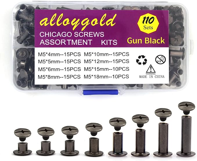110 Sets Black Chicago Screws Leather Assorted Kit ，8 Sizes of Rivet Screws for Chicago Rivet for DIY Leather Craft and Bookbinding (M5 X 4, 5, 6, 8, 10, 12,15,18)