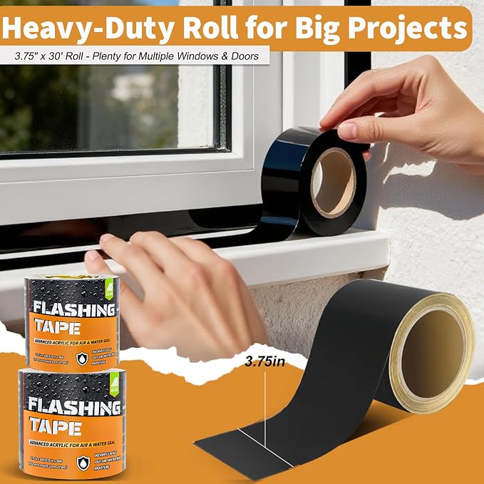Flashing Tape for Windows and Doors, 3.75 in x 90 ft, 6 Rolls, Acrylic Adhesive, Self-Adhesive Flashing Tape, Waterproof, UV Resistant, Great for Sealing Doors, Windows, and Construction & Repairs