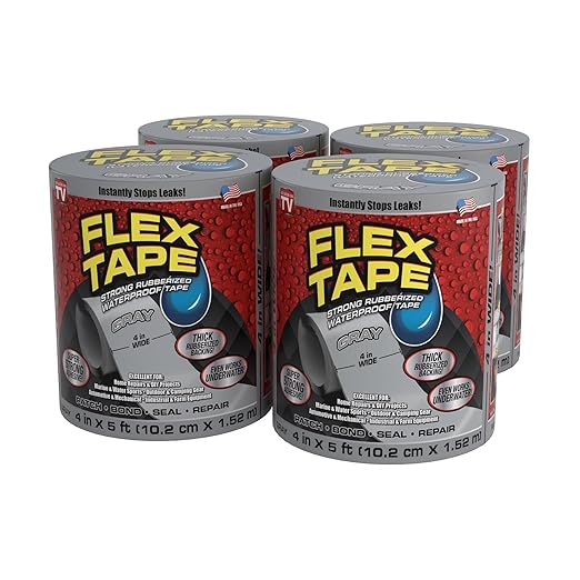 Flex Tape, Original Thick Flexible Rubberized Waterproof Tape - Seal and Patch Leaks, Works Underwater, Indoor Outdoor - Home RV Roof Plumbing and Pool Repairs, Gray, 4 in x 5 ft, Case of 4