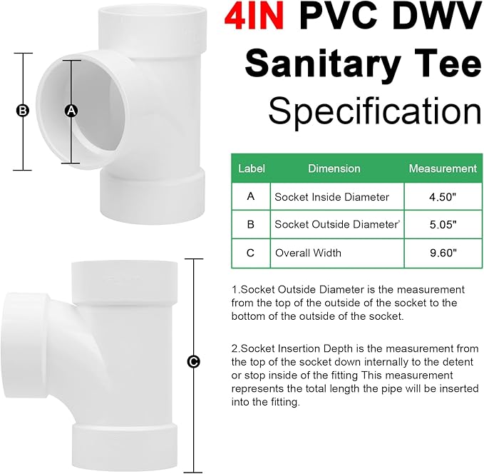 4IN PVC DWV Sanitary Tee 3-Way PVC Pipe Fittings Adapter Furniture Build Grade SCH40 PVC Elbow Fittings Connector for Drain, Waste, Vent