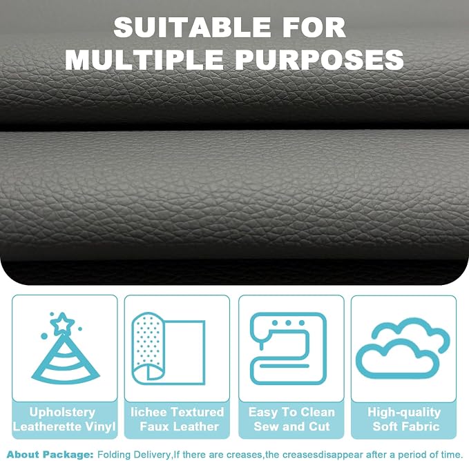 Grey Faux Leather Upholstery Vinyl Fabric, 78x55 Inch Grey Grained Lychee Leather Roll, Anti-Scratch Waterproof Synthetic Leather Material for Upholstery, Marine Boat Seats, Furniture, Sofa