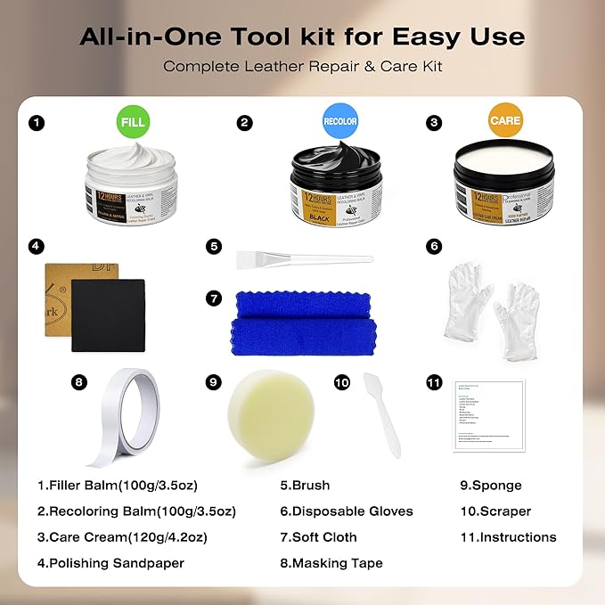 12H Quick-Dry Leather Repair Kit with 3.53Oz Leather Recoloring Balm, Filler & 4.23Oz Conditioner & Cleaner, 3-in-1 Vinyl Repair Set for Couch, Car Seat, Jacket, Shoes, Faux Leather, Light Tan/Brown