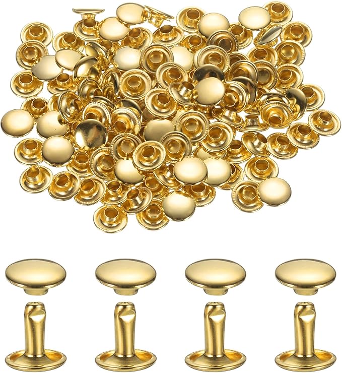 uxcell 120Set Leather Rivets, 8mm Double Cap Rivet Tubular Metal Studs Repairs Decoration Craft Accessories for Repair Decorate Leather Craft Belt Bag Shoes Purse Belts, Gold