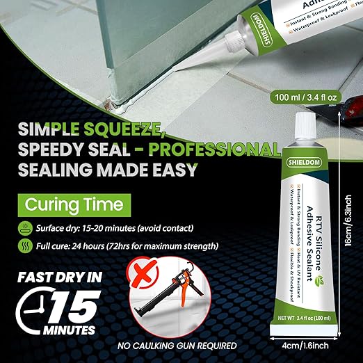 SHIELDOM RTV Silicone Adhesive Sealant 100% Silicone Sealer All-Purpose Caulk Waterproof Stronger Adhesion, Shrink & Crack Proof Caulking for Car, Kitchen, Window, Bathroom, Door (Clear, 3.4 Fl. Oz.)