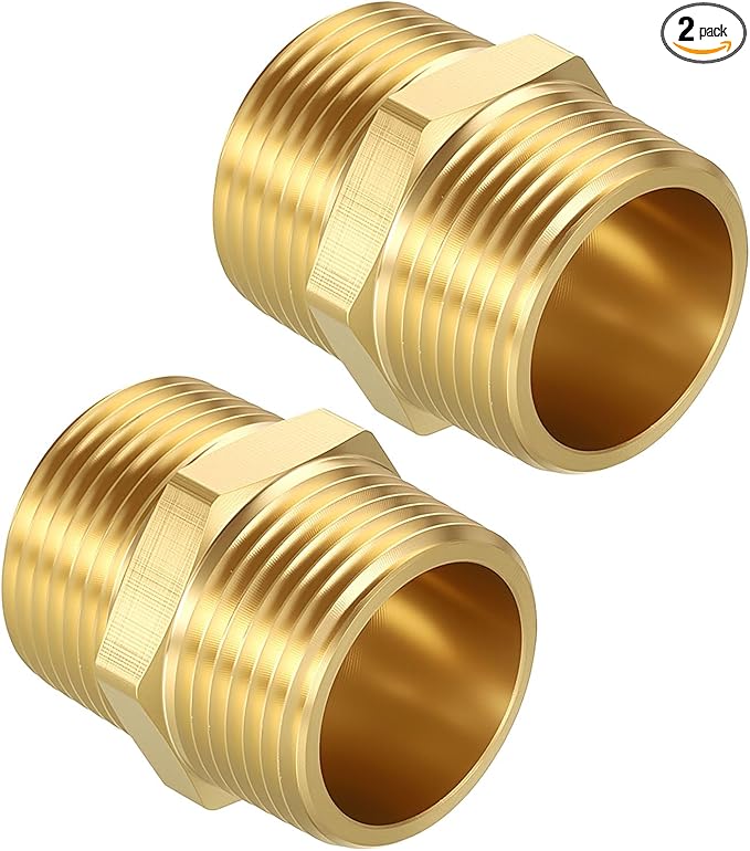 Pack of 2, 1" Male NPT to 1" Male NPT Solid Brass Hex Nipple Hose Connectors, Male Pipe Adapter for Pipe Leak Repair, Bathroom Remodeling, Tool Extensions, Compression