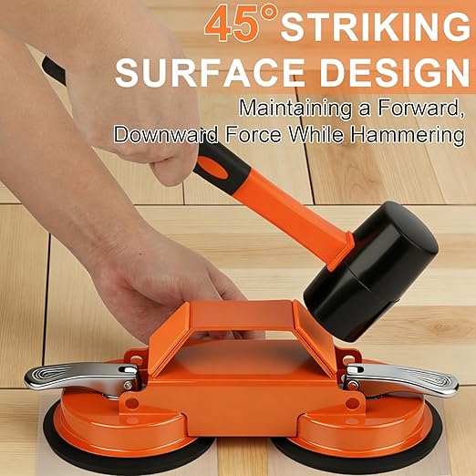 Heavy Duty Floor Gap Fixer Tool, 45° Striking Surface Floor Gap Repair Tool with Dual Suction Cup/Rubber Mallet Hammer/Anti-Slip Stickers/Cushion Pads/Gloves for Hardwood Tile and Stone Baseboard