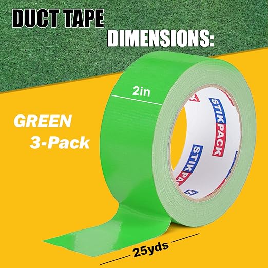 3 Rolls Green Duct Tape, Heavy Duty Strong Industrial Colored Duct Tape 9mil x 2inch x 25yds Flexible, No Residue, Waterproof and Tear by Hand, Multi-Use for Indoor & Outdoor Repairs