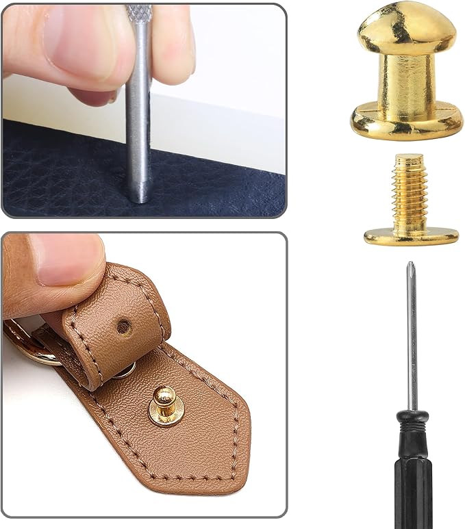 YORANYO 30 Sets 8MM Round Head Button Stud for Leather Chicago Screws Spikes and Stud Leather Rivets Screws Button Rivets for Repair and Decorate Clothing Shoes Belts Bags Dog Collars (Gold)