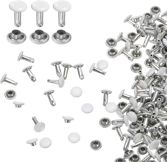 HARFINGTON 100 Sets Double Cap Leather Rivets, 6x8mm Round Cap Tubular Metal Studs Leather Crafting Rivets for Fabric Belt Pet Collar Boot Bag Repair and Decoration, White