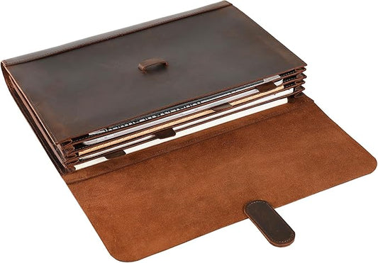 Genuine Leather File Folder, Accordian File Organizer, Leather Document Holder Resume Folio for Men & Women-Dark Brown-Custom