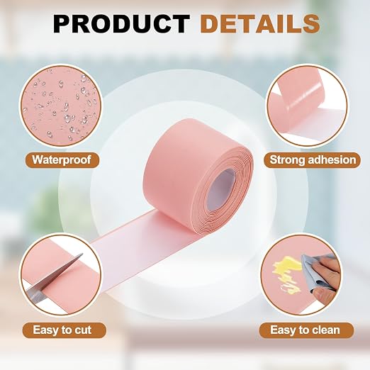 uxcell Caulk Tape Waterproof, 1.5 Inch x 10.5 ft Self-Adhesive Sealant Sealing Strip Caulking Sealant Tape PVC with Tool for Kitchen Sink Toilet Bathroom Bathtub Floor, Pink