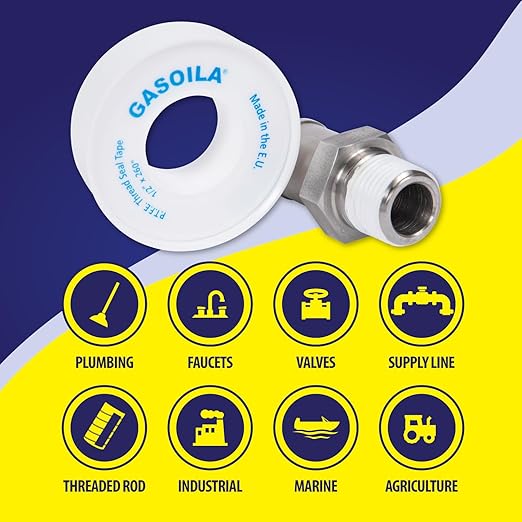 Gasoila PTFE Thread Seal Tape – Professional-Grade, 1/2 Inch x 260 Inch, Low-Density Thread Tape for Plumbing and Water Pipes – Leak-Proof Seal, Non-Toxic, Pack of 5