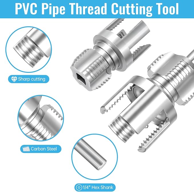 3PCS Integrated Internal & External Pipe Threader Tool for Electric Drill, NPT Thread Maker 1/2", 3/4", 1" with 2 Rolls PTFE Tape, PVC Plastic Pipe Threading Kit for Plumbing and Home Repairs